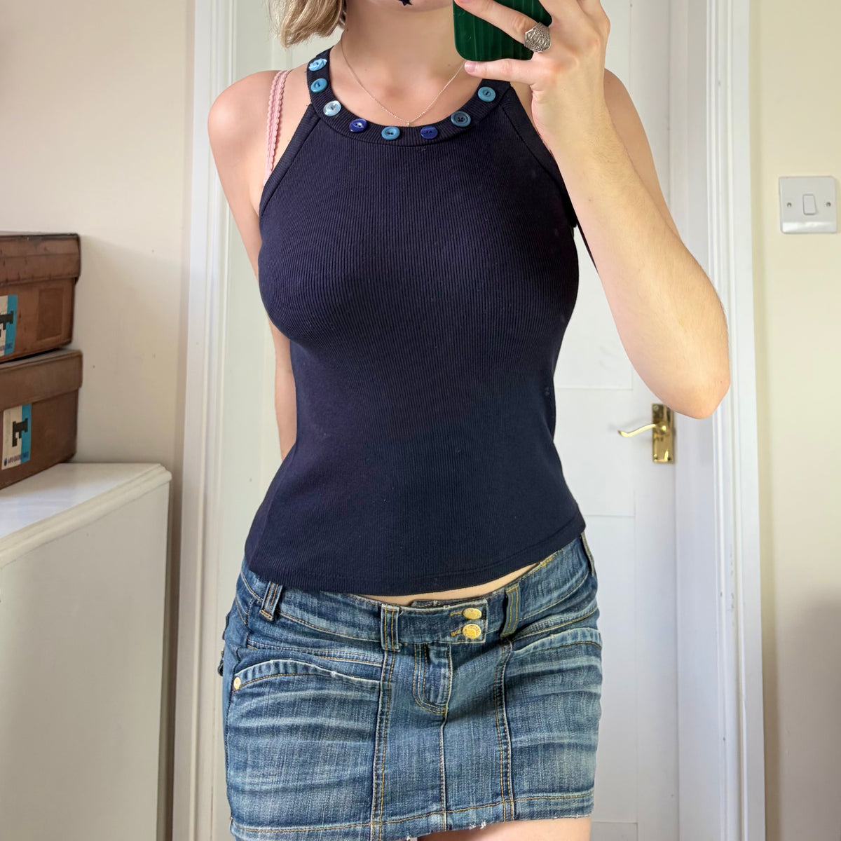 Navy ribbed vest - blue buttoned neckline
