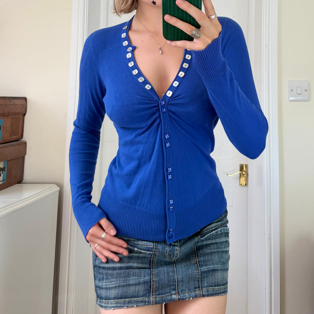 Blue long sleeve cardigan - mother of pearl buttoned front