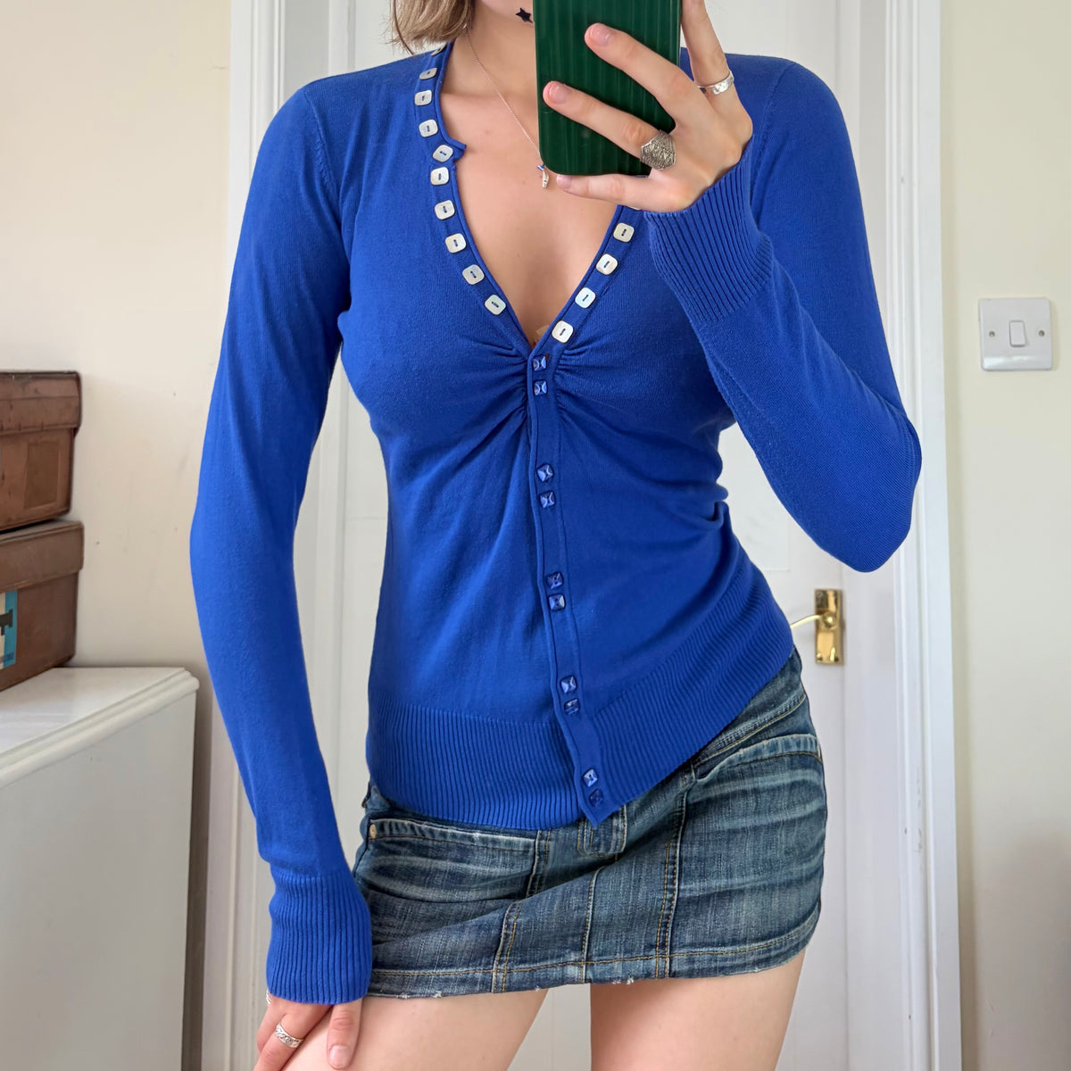 Blue long sleeve cardigan - mother of pearl buttoned front