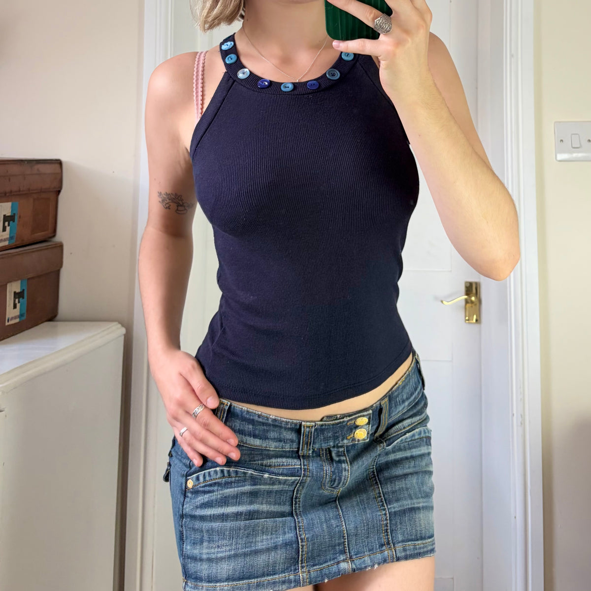 Navy ribbed vest - blue buttoned neckline