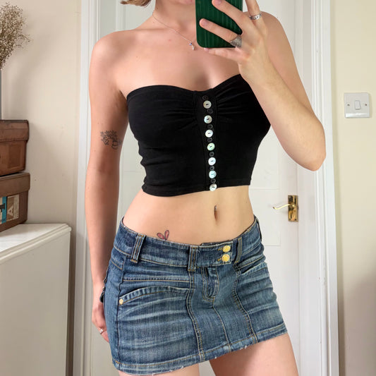 Black knitted crop bandeau top - mother of pearl buttoned front